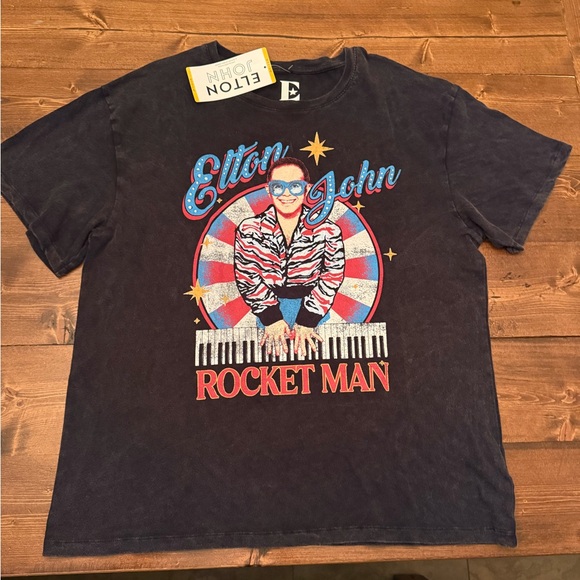 Tops - Elton John Rocket Man Graphic Tee - Black with Red & Blue Accents
